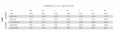 2020 Mystic Harness and Bar Sizing Chart