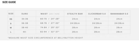 2020 Mystic Womens Harness Bar Sizing Chart