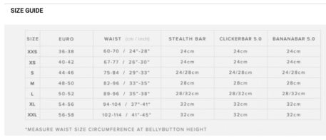 2022 Mystic Mens Harness Bar Sizing Chart