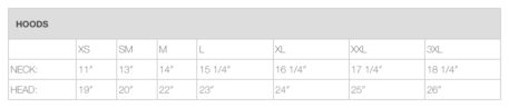 2021 Hyperflex Hood Sizing Chart