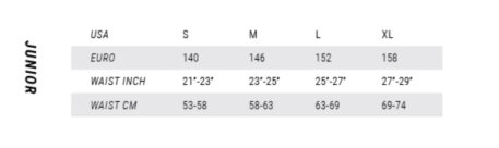 2023 Mystic Junior Harness Sizing Chart